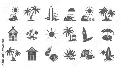 Grey summer themed silhouette icons with tropical beach elements