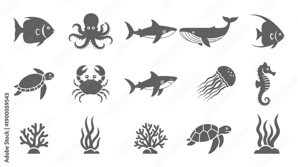 Fototapeta premium Grey marine life silhouette icon set with fish sharks and octopus