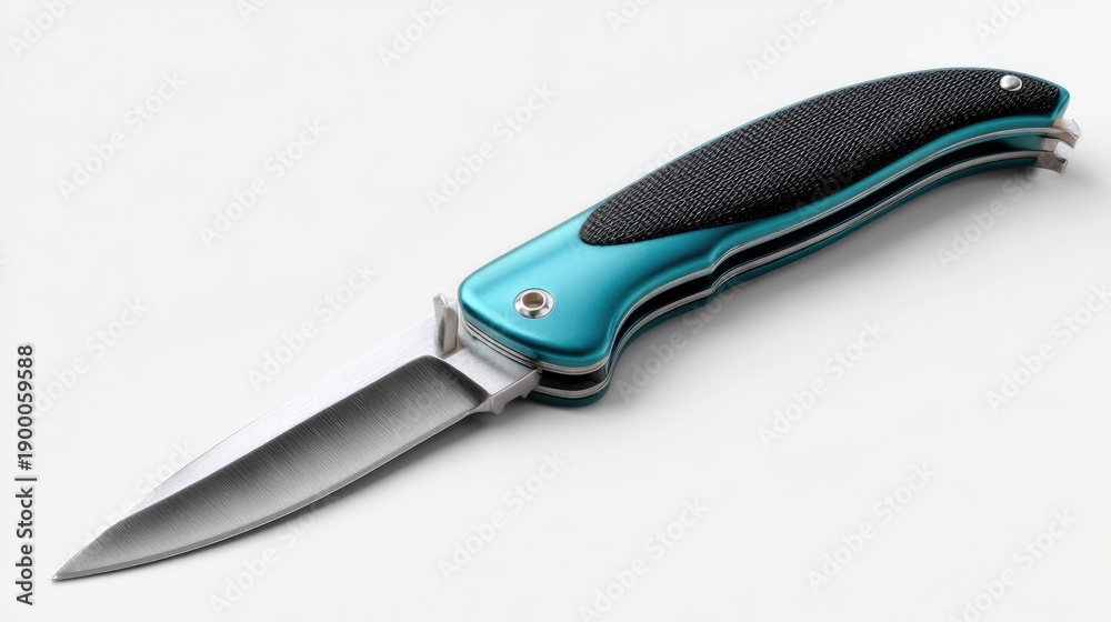 Fototapeta premium Pocket Knife: A sleek, modern pocket knife with a vibrant blue handle and sharp, polished blade, symbolizing readiness and practicality.