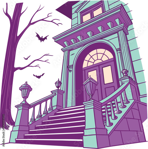 Old spooky halloween mansion with bare tree and bats flying around