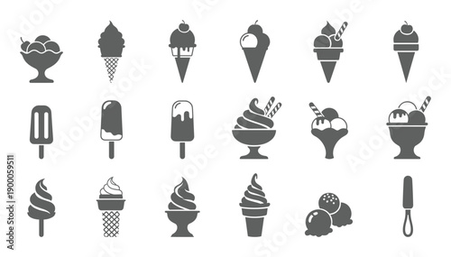 Grey frozen dessert and sweet treat silhouette icon set
