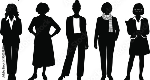 Five black silhouettes of businesswomen in various poses and outfits white background