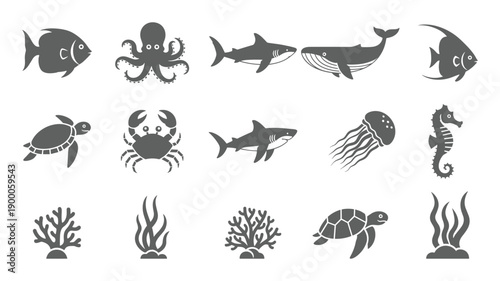 Grey marine life silhouette icon set with fish sharks and octopus