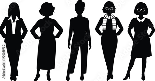 Five black silhouettes of women in business attire white background