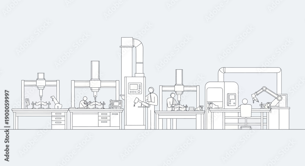 Obraz premium Automated manufacturing line with robotic arms and human operators overseeing the process, showcasing industrial automation and efficiency.