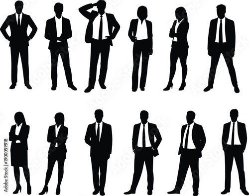 Silhouettes of business people in various poses suits