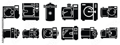 Minimalist black silhouette icon set of a autoclave machine . simple black flat vector style for medical and fitness icons concept.