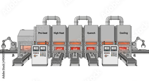 Automated industrial heat treatment line with robotic arms for material processing.