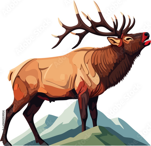 Bull elk bugling with large antlers in a mountain setting