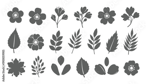 Grey floral and foliage botanical silhouette elements arranged in a grid