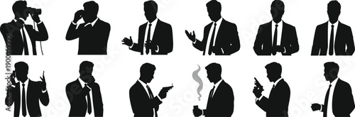 Silhouettes of businessmen in various poses and actions suits ties 1