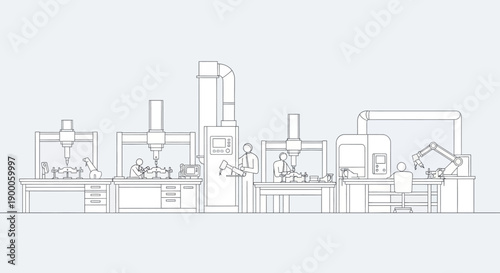 Automated manufacturing line with robotic arms and human operators overseeing the process, showcasing industrial automation and efficiency.