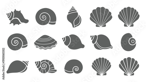 Grey seashell silhouette set arranged in a grid showcasing marine elements