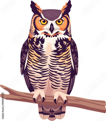 Great horned owl sitting on branch looking forward