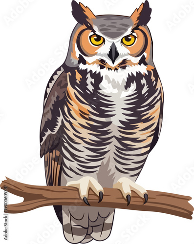 Great horned owl sitting on a tree branch