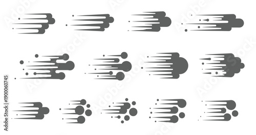 Grey speed line and motion blur silhouette effects arranged in rows