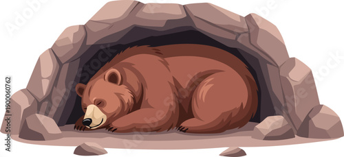 Large brown bear sleeping soundly inside a rocky cave