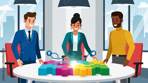 Diverse team collaboration completing jigsaw puzzle animation illustrating business strategy and innovation solution in modern office cartoon style