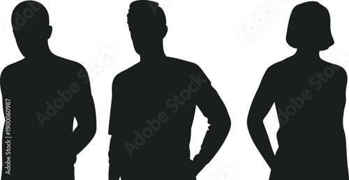 Three black silhouettes of people standing with hands on hips against white background