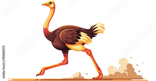 Ostrich running fast across a dusty desert plain