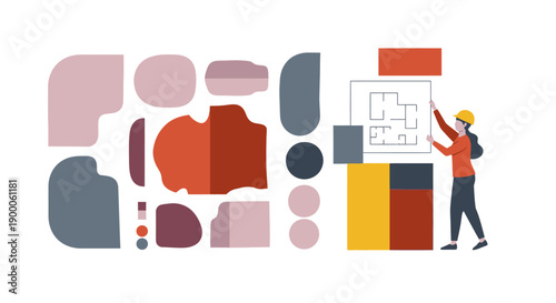 Modern Architectural Planning Concept. Woman Engineer Holding Floor Plan in Abstract Geometric Composition.