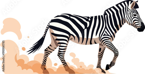 Striped zebra galloping through dust on dry plain