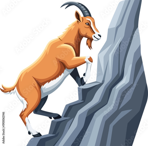 Wild mountain goat ascending a jagged gray cliff