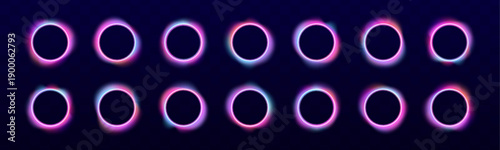 Colorful neon ring shapes emit soft glowing light in abstract composition. Smooth gradients blend naturally. Suitable for modern digital art PNG