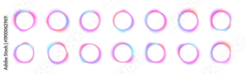 Bright neon circular frames float on dark background with smooth gradients. Glow effect adds depth and elegance. Suitable for UI design PNG