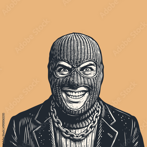 A crazy smiling criminal in a balaclava mask and a thick chain. Vector illustration of a gangster or a thief in a vintage monochrome engraving style.
