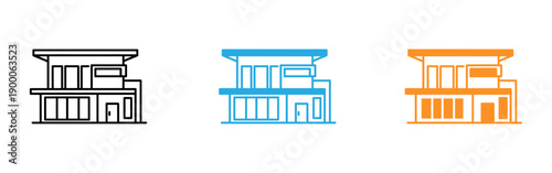 A set of three colored line icons depicting a two story building