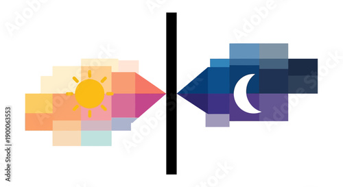 Abstract Day and Night Transition Concept. Sun vs. Moon Contrast with Geometric Pixel Art Design.