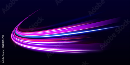 Purple and cyan neon spirals curve along a digital highway. Motion trails flow dynamically, showing futuristic speed. Vector illustration with glowing effects.