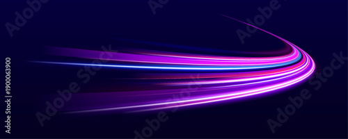 Purple neon waves flow along a dark urban highway. Motion streaks pulse with intense energy flow. Futuristic vector illustration with glowing trails.