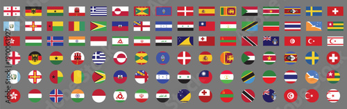 Vector illustration collection of international country flags in rectangular and circular shapes
