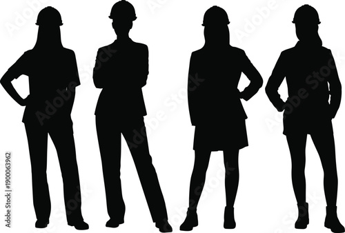 Female construction worker silhouettes wearing safety helmets showing confident professional women engineers and builders isolated on white background for industry concept