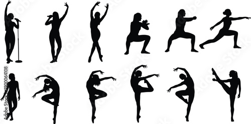 Female dancer and singer silhouettes in elegant poses performing on stage, modern dance and music vector illustration for design