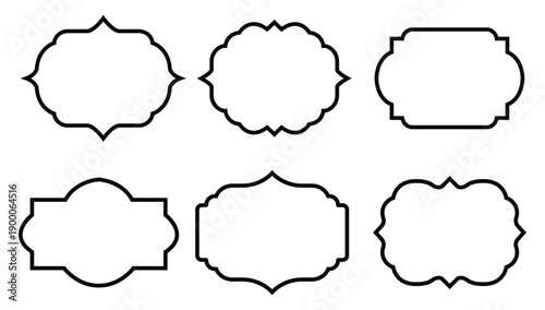 A set of six blank vector frames or label shapes silhouettes, designed for use as decorative elements, badges, or tags.