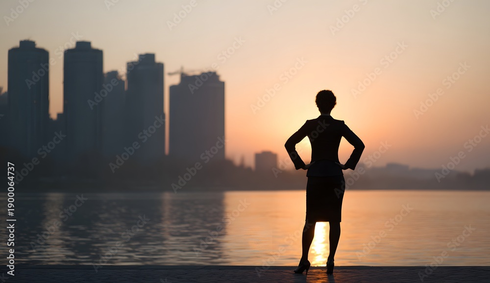 Fototapeta premium Silhouette of a confident businesswoman standing with hands on hips looking out at a modern city skyline during a golden sunset