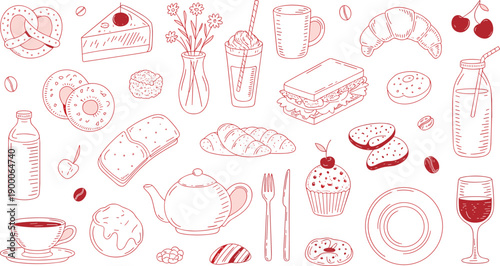 Hand sketched food and drink icon assortment in retro outline style. Bakery treats, beverages and table items. Red ink vector elements for cafe branding and menus.