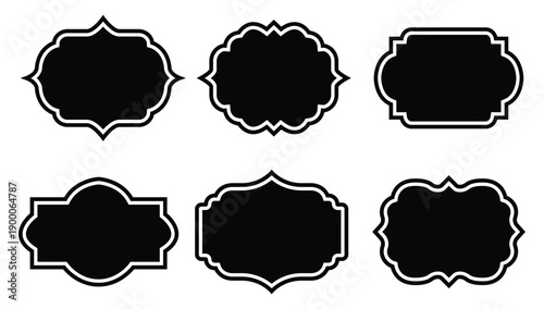 A set of six blank, ornate label or frame silhouettes, designed for use as decorative elements, badges, or tags