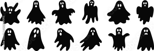 Funny ghost silhouette vector set, spooky Halloween cartoon icons collection, scary cute spirits, cad drawing flat vector illustration pack