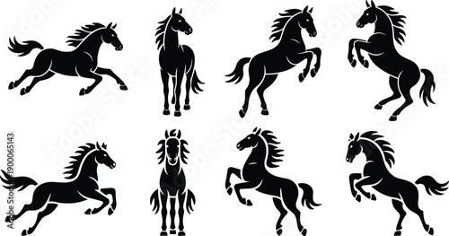 Black horse silhouette pose collection. Powerful running, standing, and rearing stallion shapes. High contrast vector horses for logos, tattoos, sports branding, emblems, and design projects.
