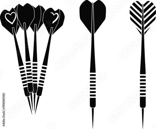 Black darts silhouette set with heart shaped flights, professional dartboard sport equipment icon illustration isolated on white background vector design