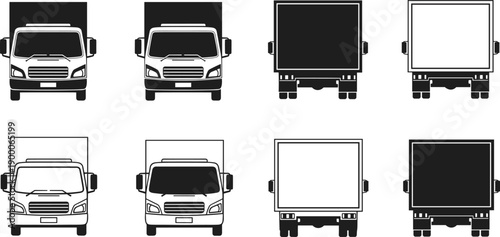 Delivery truck front and rear view icon set, black and white cargo vehicle silhouettes for logistics transport illustration design