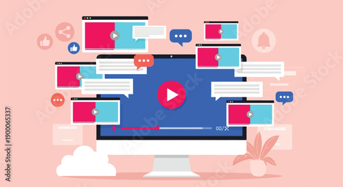 Illustration of a computer screen displaying a video player surrounded by chat bubbles and icons on a pink background, conveying digital interaction.