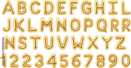 Luxury gold foil balloon alphabet set. Shiny inflated letters A to Z with matching numbers. Elegant typography elements for party decor, events, branding, and celebration graphics.