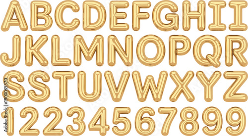 Golden balloon alphabet and number set. Shiny metallic foil letters A to Z with digits zero to nine. Luxury inflatable typography for parties, events, and celebration designs.