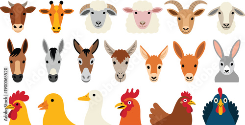 Cute farm animal avatar faces set. Friendly livestock and poultry heads with simple shapes and bright colors. Flat vector icons for kids education, farming projects, games, and learning apps.
