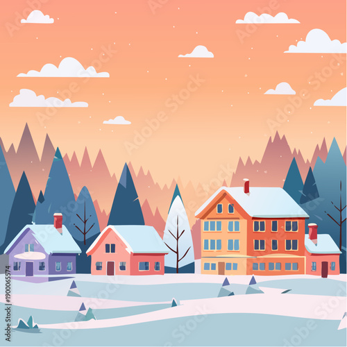 winter townscape at sunset